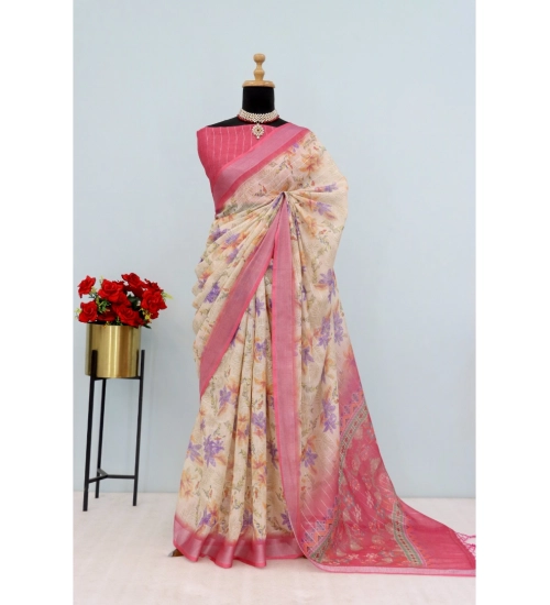 Women's Linen Digital Print Saree With Unstitched Blouse 5.5Mtr (Pink)