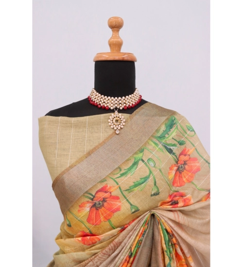 Women's Linen Digital Print Saree With Unstitched Blouse 5.5Mtr (Multicolor)