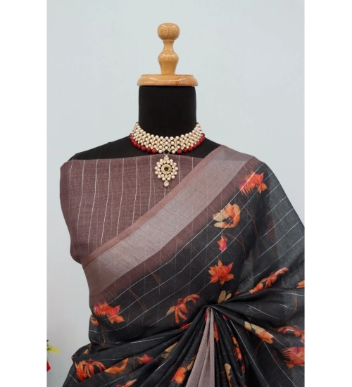 Women's Linen Digital Print Saree With Unstitched Blouse 5.5Mtr (Black)