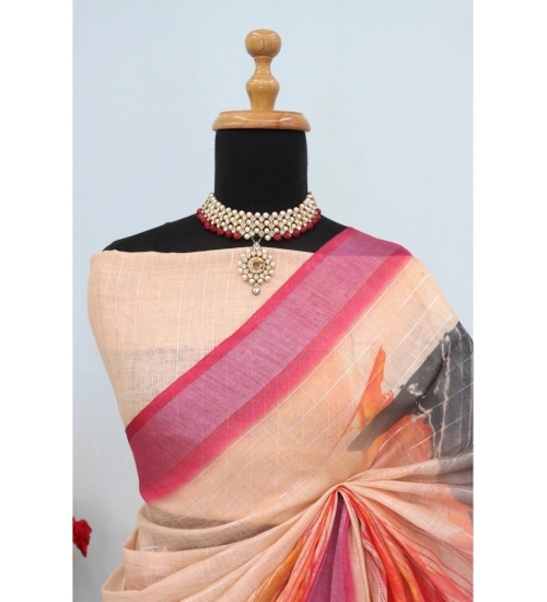 Women's Linen Digital Print Saree With Unstitched Blouse 5.5Mtr (Multicolor)