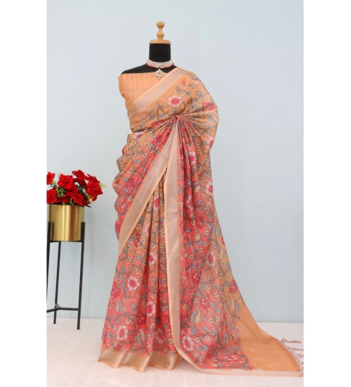 Women's Linen Digital Print Saree With Unstitched Blouse 5.5Mtr (Orange)