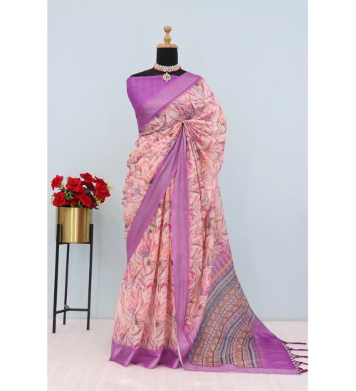 Women's Linen Digital Print Saree With Unstitched Blouse 5.5Mtr (Purple)