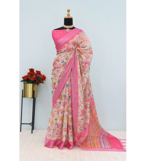 Women's Linen Digital Print Saree With Unstitched Blouse 5.5Mtr (Pink)
