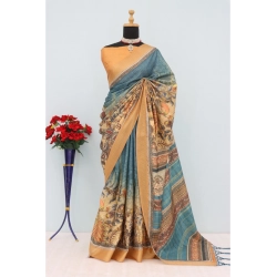 Women's Mysore Silk  Digital Print Saree With Unstitched Blouse 5.5Mtr (Blue)