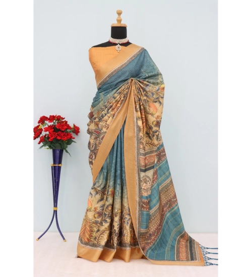 Women's Mysore Silk  Digital Print Saree With Unstitched Blouse 5.5Mtr (Blue)