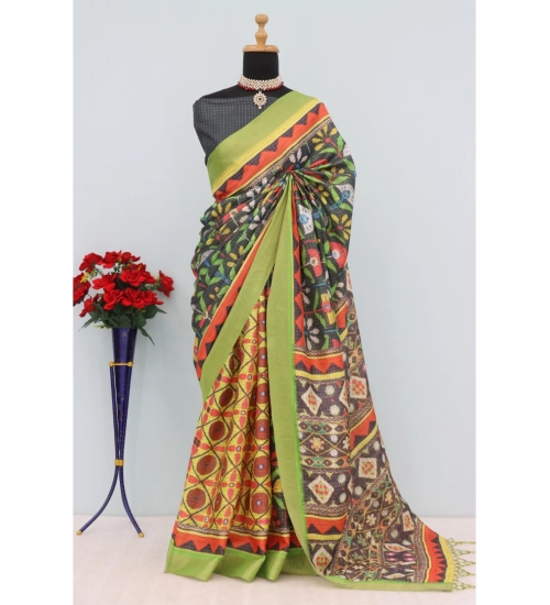Women's Mysore Silk  Digital Print Saree With Unstitched Blouse 5.5Mtr (Green)