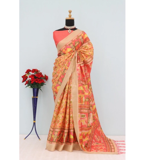 Women's Mysore Silk  Digital Print Saree With Unstitched Blouse 5.5Mtr (Orange)