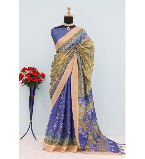 Women's Mysore Silk  Digital Print Saree With Unstitched Blouse 5.5Mtr (Blue)