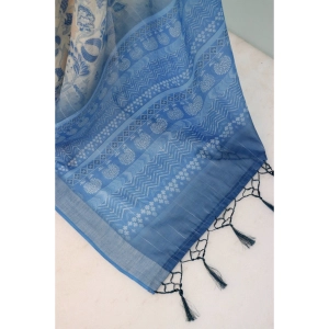Generic Women's Linen Digital Print Saree With Unstitched Blouse 5.5Mtr (Blue)