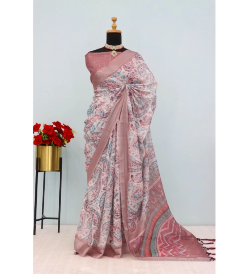 Women's Linen Digital Print Saree With Unstitched Blouse 5.5Mtr (Brown)