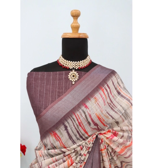 Women's Linen Digital Print Saree With Unstitched Blouse 5.5Mtr (Grey)