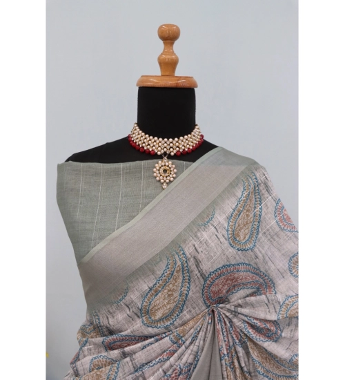Women's Linen Digital Print Saree With Unstitched Blouse 5.5Mtr (Grey)