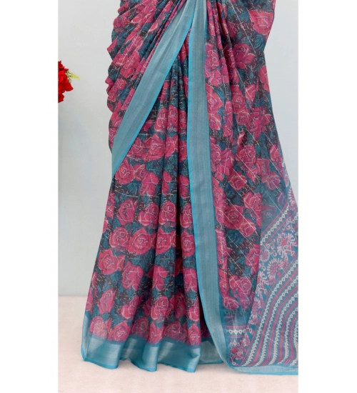 Women's Linen Digital Print Saree With Unstitched Blouse 5.5Mtr (Blue)