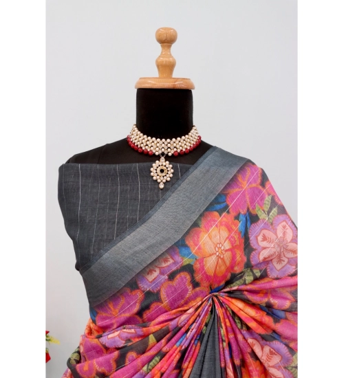 Women's Linen Digital Print Saree With Unstitched Blouse 5.5Mtr (Grey)