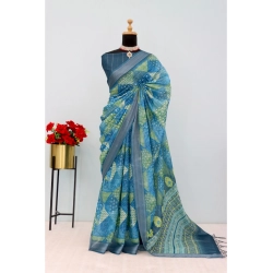Women's Linen Digital Print Saree With Unstitched Blouse 5.5Mtr (Green)
