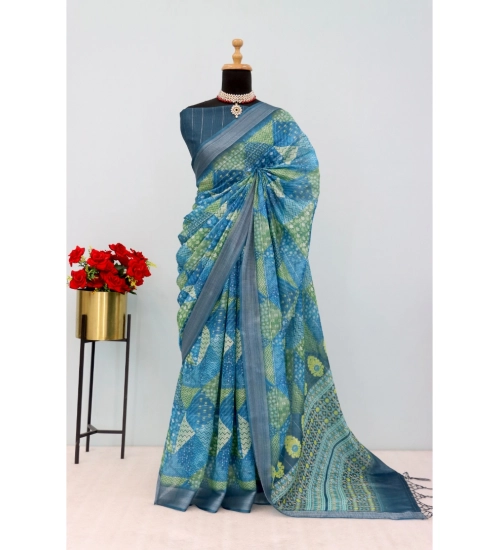 Women's Linen Digital Print Saree With Unstitched Blouse 5.5Mtr (Green)