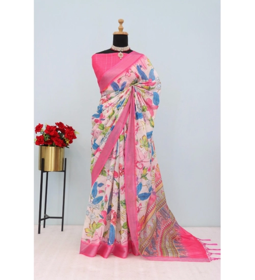 Women's Linen Digital Print Saree With Unstitched Blouse 5.5Mtr (pink)