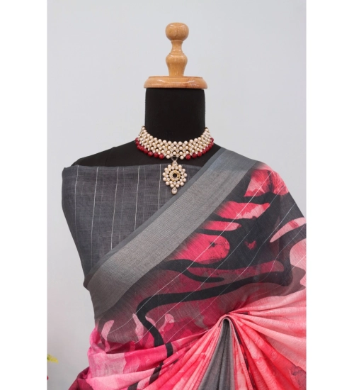 Women's Linen Digital Print Saree With Unstitched Blouse 5.5Mtr (Pink)