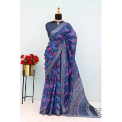 Women's Linen Digital Print Saree With Unstitched Blouse 5.5Mtr (Blue)