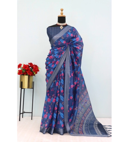 Women's Linen Digital Print Saree With Unstitched Blouse 5.5Mtr (Blue)