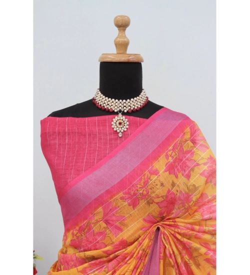 Women's Linen Digital Print Saree With Unstitched Blouse 5.5Mtr (Yellow)