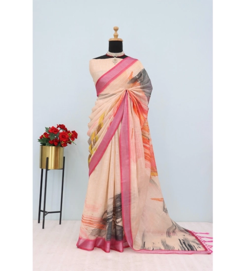 Women's Linen Digital Print Saree With Unstitched Blouse 5.5Mtr (Multicolor)