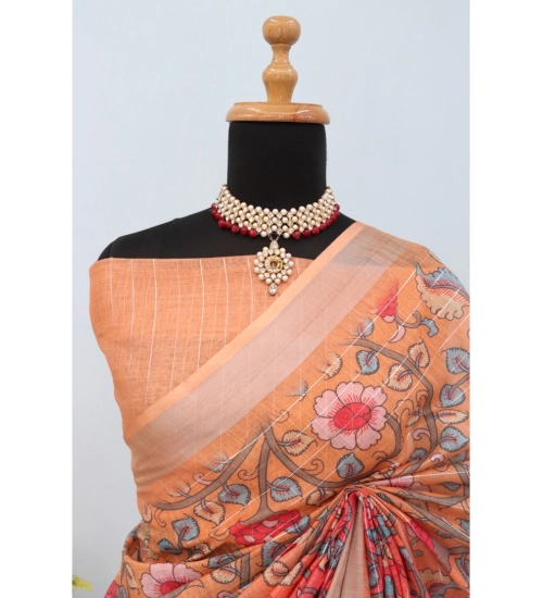 Women's Linen Digital Print Saree With Unstitched Blouse 5.5Mtr (Orange)