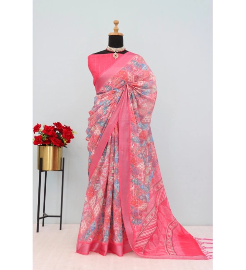 Women's Linen Digital Print Saree With Unstitched Blouse 5.5Mtr (Pink)