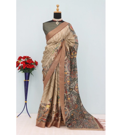 Women's Mysore Silk  Digital Print Saree With Unstitched Blouse 5.5Mtr (Beige)