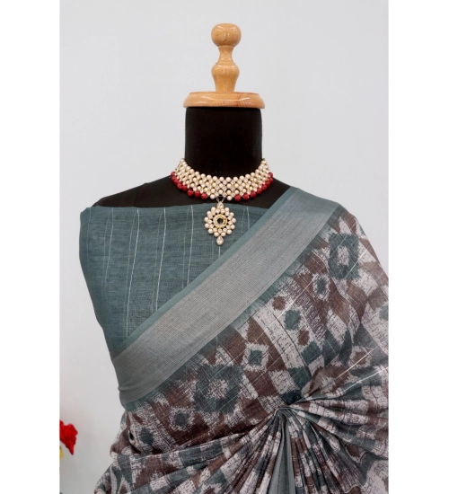 Women's Linen Digital Print Saree With Unstitched Blouse 5.5Mtr (Grey)