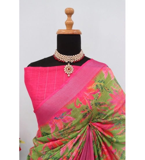 Women's Linen Digital Print Saree With Unstitched Blouse 5.5Mtr (Green) Women's Linen Digital Print Saree With Unstitched Blouse 5.5Mtr (Green)