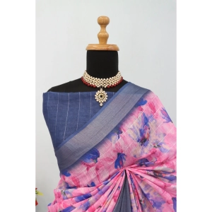 Generic Women's Linen Digital Print Saree With Unstitched Blouse 5.5Mtr (Multicolor)