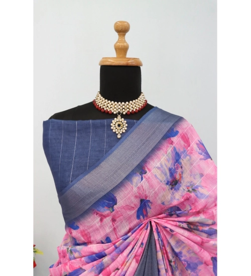 Women's Linen Digital Print Saree With Unstitched Blouse 5.5Mtr (Multicolor)