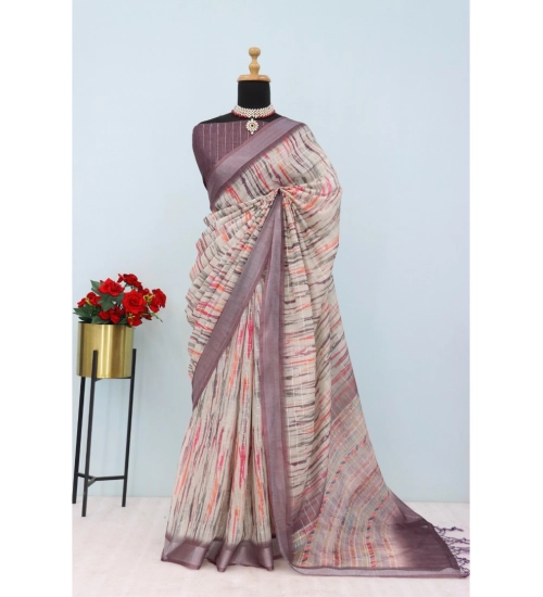 Women's Linen Digital Print Saree With Unstitched Blouse 5.5Mtr (Grey)