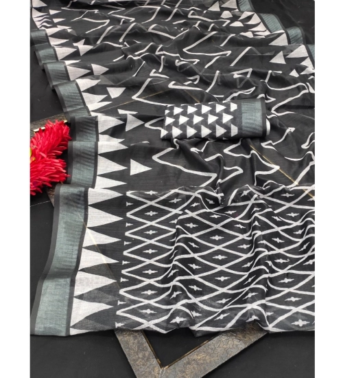 Women's Cotton Linen Woven Design Saree With Unstitched Blouse 5.5Mtr (Black)