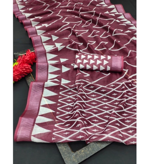 Women's Cotton Linen Woven Design Saree With Unstitched Blouse 5.5Mtr (Maroon)