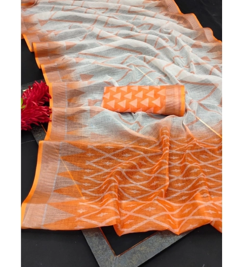 Women's Cotton Linen Woven Design Saree With Unstitched Blouse 5.5Mtr (Orange)