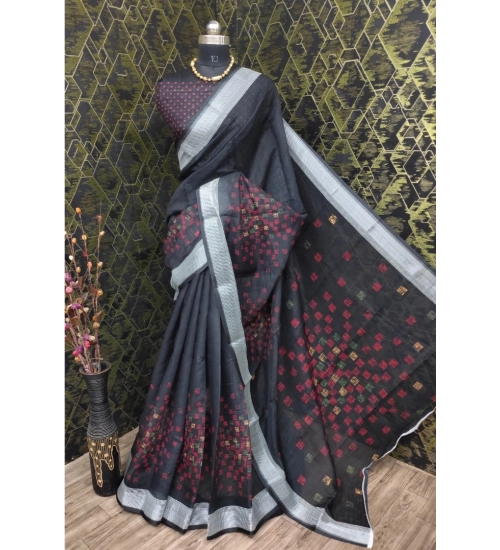 Women's Cotton Linen Digital Print Saree With Unstitched Blouse 5.5Mtr (Black)