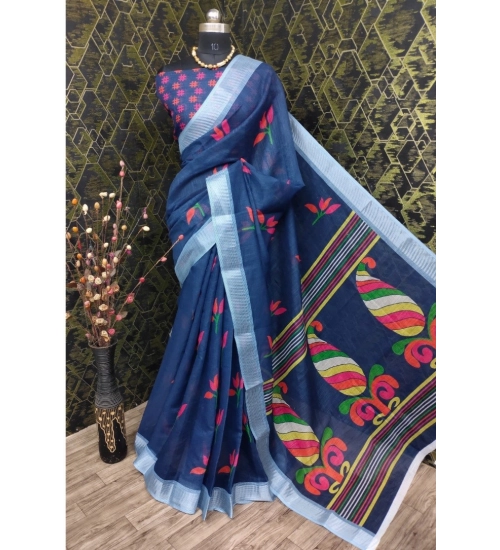 Women's Cotton Linen Digital Print Saree With Unstitched Blouse 5.5Mtr (Blue)