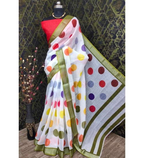 Women's Cotton Linen Printed Saree With Unstitched Blouse 5.5Mtr (Multicolor)