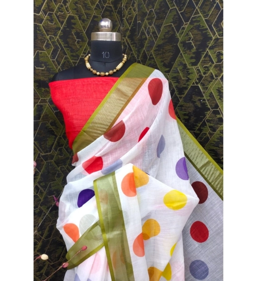 Women's Cotton Linen Printed Saree With Unstitched Blouse 5.5Mtr (Multicolor)
