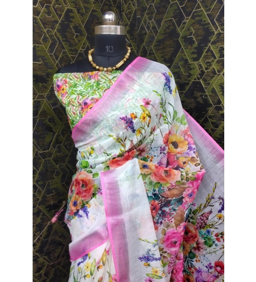 Women's Cotton Linen Printed Saree With Unstitched Blouse 5.5Mtr (Pink)