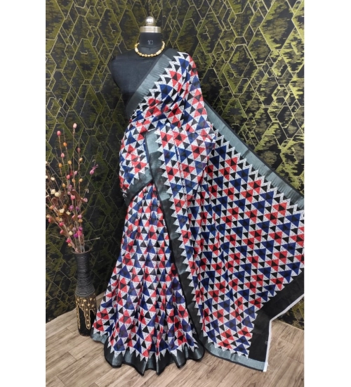 Women's Cotton Linen Printed Saree With Unstitched Blouse 5.5Mtr (Black)