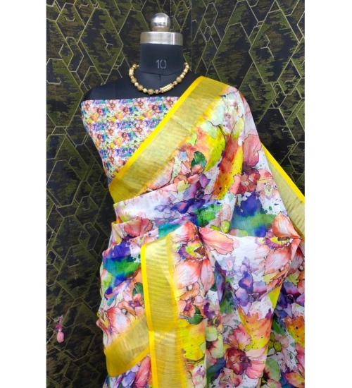 Women's Cotton Linen Printed Saree With Unstitched Blouse 5.5Mtr (Yellow)
