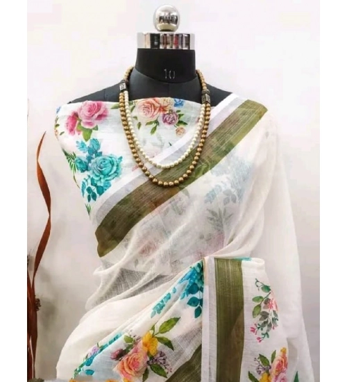 Women's Cotton Linen Printed Saree With Unstitched Blouse 5.5Mtr (Multicolor)