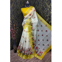 Women's Cotton Linen Woven Design Saree With Unstitched Blouse 5.5Mtr (Yellow)