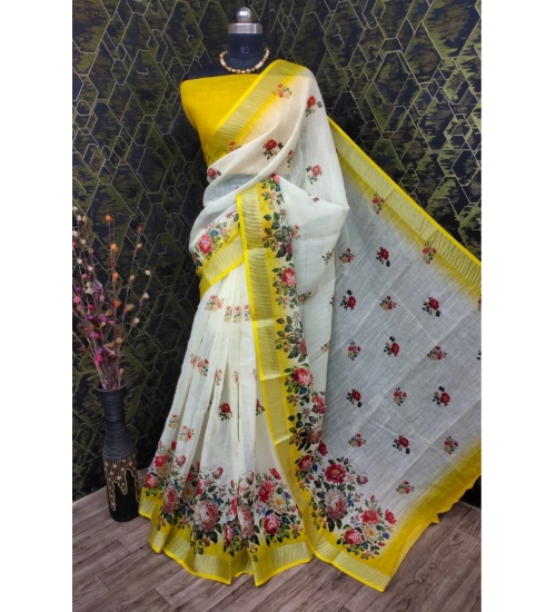 Women's Cotton Linen Woven Design Saree With Unstitched Blouse 5.5Mtr (Yellow)