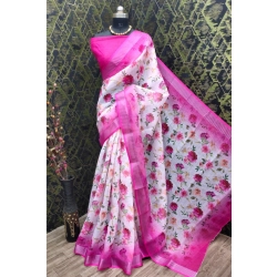 Women's Cotton Linen Woven Design Saree With Unstitched Blouse 5.5Mtr (Pink)