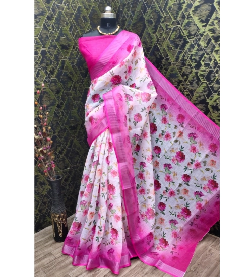 Women's Cotton Linen Woven Design Saree With Unstitched Blouse 5.5Mtr (Pink)