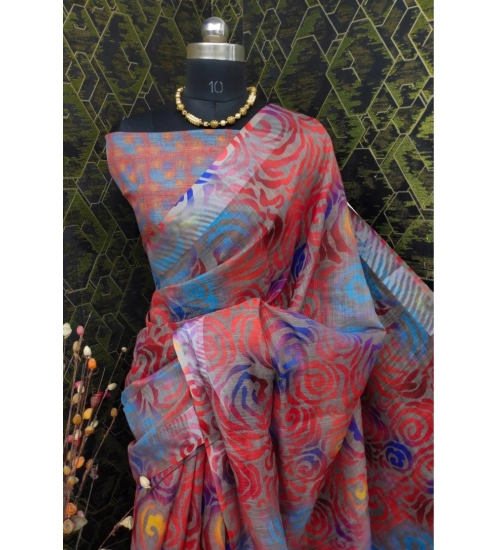 Women's Cotton Linen Woven Design Saree With Unstitched Blouse 5.5Mtr (Red)